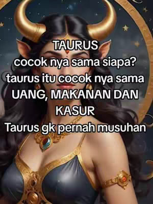 A digital artwork featuring a woman with bull horns and pointy ears, overlaid with text about the Taurus zodiac sign. She has long dark hair, adorned with a golden headpiece and a jewel on her forehead. The background includes a cosmic design with stars.