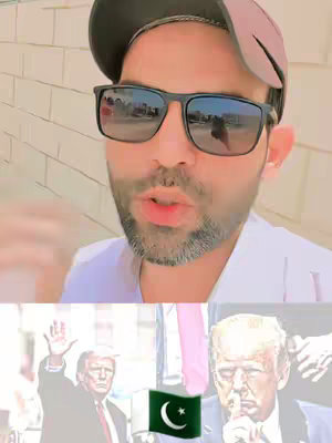 A selfie-style shot featuring a man centered in the frame. He's wearing sunglasses and a baseball cap that obscures part of his hair. Below the face there are images of Donald Trump.
