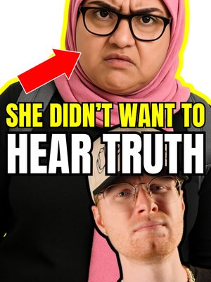 The cover image is a split view featuring two individuals. The top half shows a woman wearing a pink hijab and glasses, her expression is one of annoyance, looking towards the upper direction, accompanied by a red arrow pointing towards her. The bottom half shows a man wearing a white baseball cap, glasses and a neutral expression. The background is black with a yellow outline. The woman takes the majority of the image. Text overlayed in a bold, yellow font reads: 'SHE DIDN'T WANT TO HEAR TRUTH.'