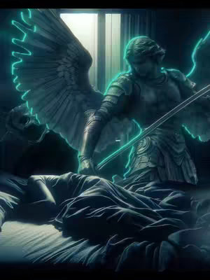 The image depicts a dark, digitally created scene of an angel, appearing to be Michael, positioned above a person on a bed. The angel, rendered in detailed and slightly muted tones, holds a sword pointed downwards towards the person. A subtle, vibrant teal glow outlines the angel's wings and features, providing a contrast against the darker backdrop, which suggests a bedroom setting with a window in the background. The overall composition leans toward a dramatic and possibly spiritual theme.