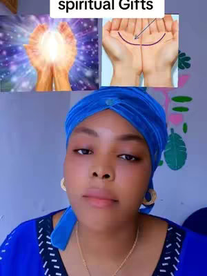 A selfie with a woman in a blue head covering and dress appears in the foreground, with several picture elements above her. In the upper center, text in white letters reads "spiritual Gifts." To the upper left, a pair of hands holding a bright glowing light is displayed. To the upper right, hands are held out to show a curved line that may be a palm reading graphic.