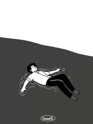 An illustration shows a man reclining in a state of relaxation, floating supine on a dark gray surface that resembles water. The man is dressed in a white button-up shirt and black pants, with his arms outstretched and eyes closed. Above the water line a white area takes up the rest of the image. The illustration's style is minimalistic, with thin black lines defining the man and the water's edge, while the overall color palette is grayscale.