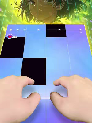 The cover image presents gameplay from a mobile game, 'Magic Tiles'. In the background is a dreamy, anime-style illustration of a girl. Superimposed over the game area are the player's hands interacting with the game's tiles.