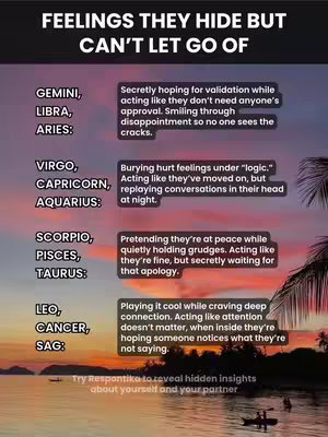 The image is a vertical graphic with a gradient background of warm oranges and pinks, suggesting a sunset over water. Listed on the left side are astrological signs like GEMINI, LIBRA, ARIES, etc., and corresponding descriptions on the right about hidden feelings. The bottom features a blurred view of a calm body of water and a small boat with two people in it.