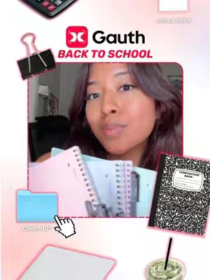 The cover image features a young woman holding a stack of pastel-colored notebooks. The background is a light pink gradient with various school-themed digital stickers, including a calculator, binder clip, file folder, and composition notebook. The overall composition is bright and cheerful, suggesting a back-to-school theme.