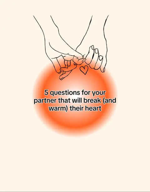 The image features a simple, artistic design with a light beige background. Two hands, rendered in a thin, black outline, are clasped together in a pinky promise gesture. A small heart is drawn between their clasped pinkies. An orange, blurred circular gradient is positioned behind the hands, adding a warm glow. The text overlayed on the image reads "5 questions for your partner that will break (and warm) their heart."