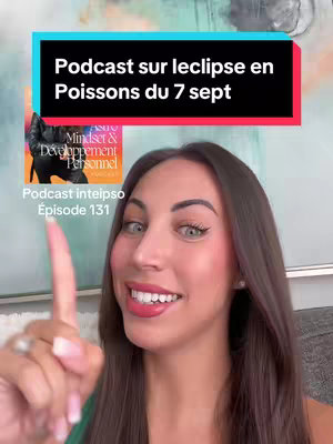 A woman smiles, points up, and appears in a video cover image. Behind her is a podcast cover and a blurred background.