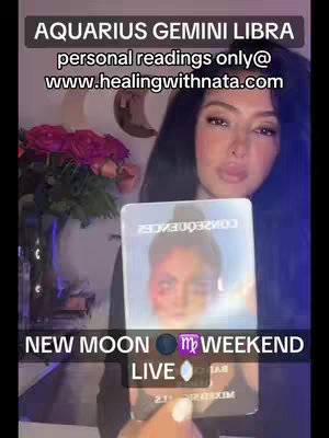 A woman with long dark hair holds a tarot card towards the camera. Text overlays at the top and bottom provide information about the video's content and the creator's website. A bouquet of pink flowers is visible in the background.
