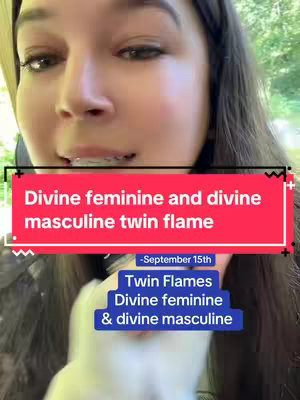 A selfie-style video cover with a woman in the foreground. The primary focus is on her face as she speaks, with the main hook text overlaid in a red banner. Below it, a second banner contains additional text regarding the twin flame concept.