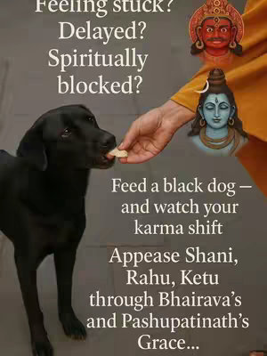 An image featuring a black dog eating a treat held by a person with colorful religious figures in the background and text overlayed.