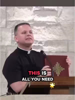 A man in a black clerical shirt holds a red book with a gold cross emblem, standing behind a wooden podium. Text overlays reads "THIS IS ALL YOU NEED" in bold, pink and white letters with a star.