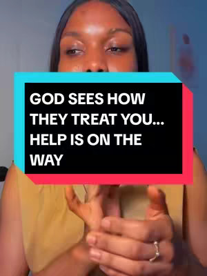 A woman with brown skin is centered in the frame, her face dominating the view. She is gazing slightly upward with a focused expression. The background includes a blurred gradient of blue and purple hues. Overlaid on the scene is a rectangular text box filled with the text 'GOD SEES HOW THEY TREAT YOU... HELP IS ON THE WAY' in bold white text. The woman is wearing a yellow top with her hands clasped in front of her chest, revealing a silver ring on her finger.