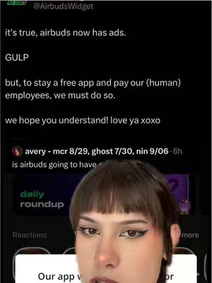 A selfie-style shot featuring a young woman in the foreground with a dark background. The woman has medium-length brown hair and is wearing a top. She is looking at the camera with a neutral expression. Overlayed on the image are text elements in a mixture of fonts. One of the text boxes contains a question followed by the app name. A second text box includes a message regarding app advertisements.