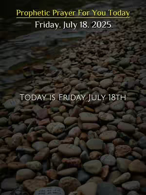 The image is a vertical composition, with a textured background of small, rounded, multi-colored stones covering the majority of the frame.  A gentle stream or body of water is visible at the top. Overlaid on this natural background is text in a serif font. The text is in a gold color and the text at the bottom is in white. Overall, the image has a serene, slightly aged look due to the choice of background and the font style.