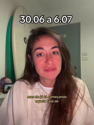 A woman with long brown hair, wearing a white shirt, is in front of a background with a green and white surfboard and a closed door. Text overlays include the date range and another sentence at the bottom of the frame.
