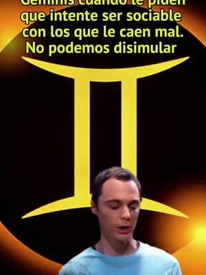 The cover image features a horizontal layout with a black background. In the center is the Gemini astrological sign, a yellow symbol composed of two vertical lines connected by curved lines on top. Below the symbol, a man, identified as Sheldon Cooper from The Big Bang Theory, is visible from the chest up. Above the symbol, and slightly to the left, text in white cursive explains a humorous observation about Geminis. The image is well-lit, and the color palette consists of black, yellow, and light skin tones from the character.