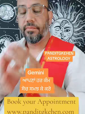 A man with glasses and a beard is in the foreground, holding something near the camera. A decorative background features sun and moon imagery. Text overlays include the astrologer's name and a sign of the zodiac.