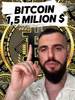 The cover image features a man with a short hair and a dark beard, posing in front of a Bitcoin-themed background. A bold white text overlay reads 'BITCOIN 1,5 MILION $', with the Bitcoin symbol prominently displayed behind the figure and the man holding an upraised finger. The man is wearing a light-colored top.