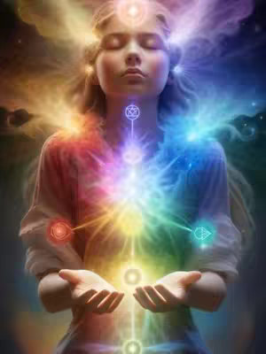 The cover image features an ethereal, digitally created visual. A young person with closed eyes is positioned in the center, radiating with multi-colored light emanating from their body, resembling the seven chakras. The background transitions from warm tones on the left to cool tones on the right with cloud-like formations suggestive of a spiritual or meditative theme.