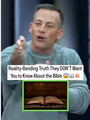A man in a blue sweater gestures expansively, framed against a blurred background. Overlaid are a text box with a message and a green-bordered image of an open Bible.