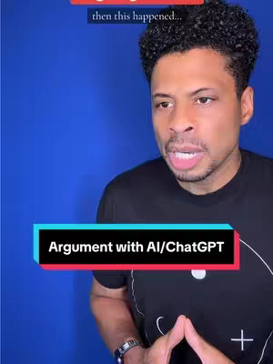 A man of color, likely the content creator, is shown from the chest up, angled slightly to the left against a solid blue background. He appears to be speaking, with an intent expression and a partially open mouth. His right hand is raised, fingers interlocked below his chin. On his wrist, he's wearing a watch. A colorful bar with the text "Argument with AI/ChatGPT" in white appears at the bottom of the shot.
