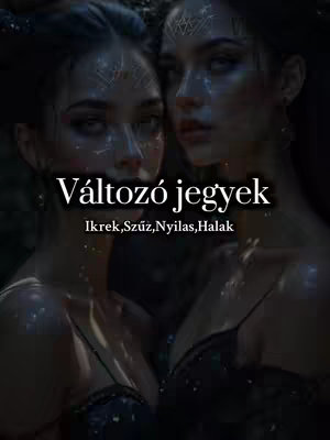 The image features two women, side-by-side, with a dark and ethereal visual style. Their skin has a radiant, almost glowing effect, and they are adorned with intricate, glowing patterns across their faces and bodies, which suggest a supernatural element. The women are set against a deep, shadowy background with slight hints of foliage, creating a mysterious and celestial atmosphere. Text in white font is overlaid on the image, reading "Változó jegyek" and listing astrological signs below. Overall, the image has a mystical, otherworldly aesthetic consistent with astrology-related content.