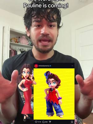 The image features a man in a black shirt against a blurred background. Above him, text reads 'We were right! Pauline is coming!' He is holding up an image of a cartoon woman. The background is a bright room, likely an interior. The central focus of the image is the man gesturing with his hands, with two cartoon representations of Pauline to his right and left.
