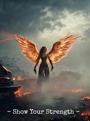 A digital artwork depicting a woman with fiery wings, standing in a post-apocalyptic or surreal landscape. The woman has long flowing hair and is wearing a dark, form-fitting dress. Her wings are large and bright orange, resembling flames, and are spread wide. The background shows a cloudy sky with red tinges, and the foreground features what looks like a fiery wasteland or battlefield. Text at the bottom reads, '- Show Your Strength -'.