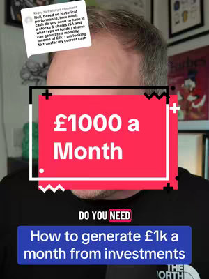 The image is a vertical video frame with a man visible from the chest up, set against a blurry background suggestive of a home interior. The primary focus features bold text on a red background that says '£1000 a Month'. Below this, a blue bar reads, 'How to generate £1k a month from investments'. There are also other texts in the background that are difficult to extract.