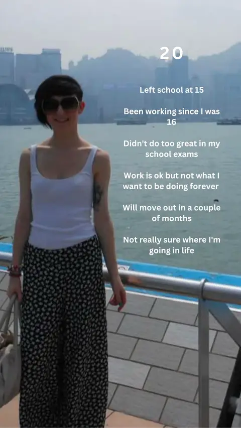 A woman stands in front of a cityscape with a water feature. She is smiling and wearing sunglasses, a white tank top, patterned pants, and carrying a bag. Text overlays include a number and several lines of personal reflection.