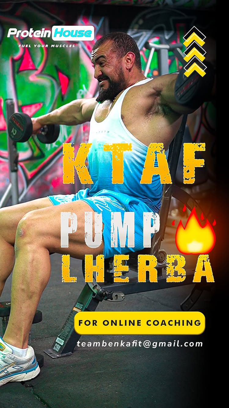 A muscular man with a beard is seated on gym equipment, holding a dumbbell in each hand. The background is a colorful graffiti wall, and text overlays advertise his services.