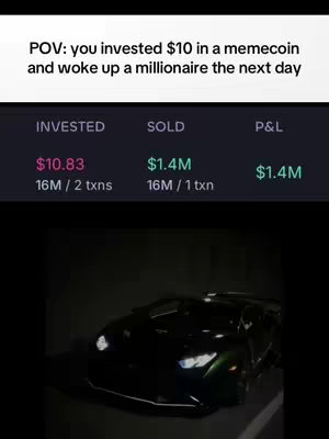 The image shows a dark, stylized scene. At the top, there's text that reads, 'POV: you invested $10 in a memecoin and woke up a millionaire the next day,' followed by a financial table illustrating the investment's returns. Below this, the primary focus is a sleek, dark-colored sports car, possibly a Lamborghini, displayed in a studio-like setting with subtle lighting that accentuates its contours.