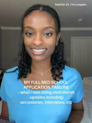 A woman with dark curly hair smiles directly at the camera. Text overlays detail the video's content, with a timeline of a medical school application. The background is somewhat blurred.