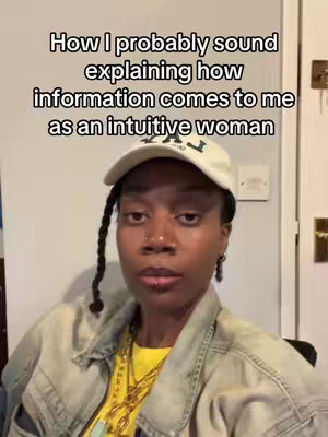 A woman in a baseball cap and yellow shirt is shown in a medium close-up. Text overlays her image, describing the sound of her explanation about intuitive information.