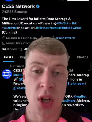 A man with short blonde hair is centered in the cover image. He's looking into the camera with an open mouth as if he's talking. The background is a screenshot of a Twitter post promoting CESS Network, with the CESS logo and text about the network. The text overlay highlights a free CESS airdrop, related to cryptocurrency.