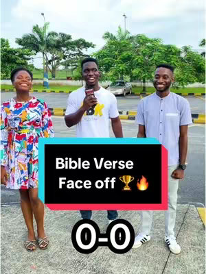 Three people standing outdoors with a backdrop of trees and sky. A black and teal rectangle overlay in the center has the text "Bible Verse Face off". Below the text, a gold trophy icon and a flame icon are displayed. Below the text is the score, which reads 0-0