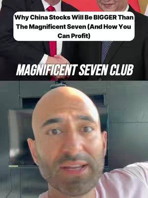 The cover image features a man in the foreground, his face and upper chest dominating the frame, looking directly at the camera with a serious expression. Above him, in the top-left corner, a text overlay provides the video hook in a white box. The background is a blurred image of two men in suits, suggesting a financial or business setting, reinforcing the video's investing theme. The color palette is muted, mixing the man's skin tones with the dark suits and the white text box.