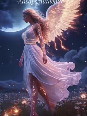 A digital artwork featuring a woman with a pair of white wings and a flowing dress standing in a mystical setting. The background has a moon, stars, and ethereal clouds.