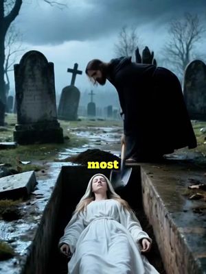 Image depicts a somber scene in a cemetery with a dark, overcast sky. In the foreground, a woman lies in a coffin, dressed in a white robe. Above, a man in a black robe is seen placing a shovel of dirt into the grave, while also overlooking the scene. The setting includes tombstones and a cross in the background.