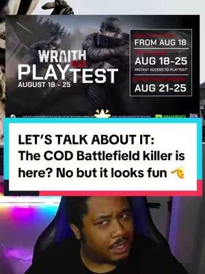 A vertical image showing a split screen. On the top half is a promotional graphic for a new game called Wraith Ops, which has a playtest window displayed. The bottom half reveals a man speaking directly to the camera, likely a streamer or content creator, with his face at the bottom and text overlayed above.