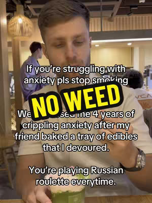 A man in a light-colored shirt is holding a green beverage with a white top, possibly matcha. Overlaid on the image are several lines of text, including a bold "NO WEED" badge.