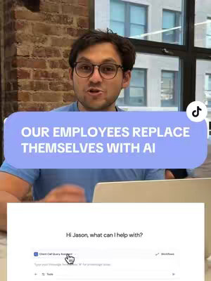 A man with glasses is in front of a laptop, with a blue banner floating above him. It's a medium shot, with brick wall on the left side and a window on the top-right corner. The banner reads 'OUR EMPLOYEES REPLACE THEMSELVES WITH AI'. Below there is a screenshot of a chat application