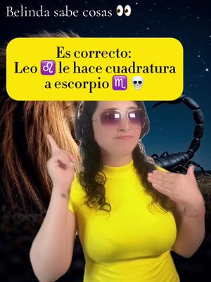 The cover image features a woman in front of a background. The background seems to be a night sky with a lion's mane subtly visible on the left and a scorpion image on the right. The woman is wearing sunglasses and a yellow shirt, and she is gesturing toward the text overlay in the upper left, which includes the text 'Belinda sabe cosas'. In front of the woman is a yellow bubble with text discussing astrology signs.