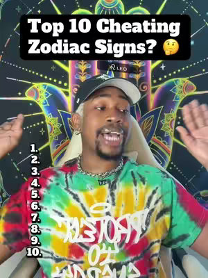 A man sits in front of colorful wall decor. The man is wearing a baseball cap, earrings, a patterned tie-dye shirt, and a silver necklace. He is gesturing with his hands and has overlaid text at the top with a question about cheating and zodiac signs, with numbered spots below him.