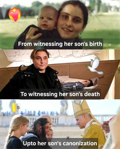 The image is a three-panel collage. The top panel shows a young woman holding a baby, with a bright heart emoji overlayed. The second panel shows a woman looking at a deceased man lying in a coffin, with a dove emoji next to it. The bottom shows a group of people with a religious official, the Pope, in a religious ceremony. The color tones vary and the overall arrangement uses the different images to convey a timeline of birth, death, and canonization.