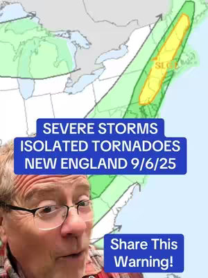 The cover image features a weather map with a weather forecaster in the foreground. The map displays the Northeastern United States, with highlighted areas in green and yellow, likely indicating severe weather. A man wearing glasses is looking at the viewer, his expression suggesting a warning or concern. Text overlays provide additional information about the weather and a call to share the warning.
