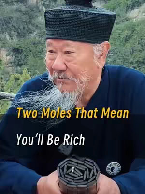 The cover image features an elderly Asian man with a white beard and mustache, wearing a black hat and a dark blue shirt. Text overlays at the bottom of the image, in a yellow font, reads "Two Moles That Mean" and "You'll Be Rich." The man is centered in the frame, and the background suggests a mountainous region with green foliage. A small, cylindrical black object is in his hands.