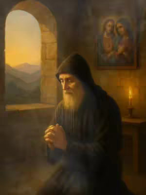 The image is a painting of a monk kneeling in prayer. The monk is dressed in a dark robe and a hood, obscuring most of his face except for his long, white beard. His hands are clasped in prayer. The lighting is soft, illuminating the monk and creating shadows. In the background, there is a window revealing a sunset over a mountainous landscape, a small religious picture hang on the wall, and a candle. The color palette is muted, consisting of browns, golds, and blues.