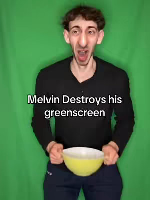 A man with a very elongated face is holding a yellow bowl in front of a green screen, with the text 'Melvin Destroys his greenscreen' overlaid on the image.