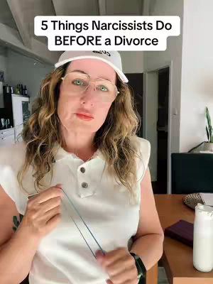 A woman with curly hair, wearing glasses, and a white cap, is looking directly into the camera. The background is blurred, but visible signs of a home are suggested. A text overlay reads "5 Things Narcissists Do BEFORE a Divorce".